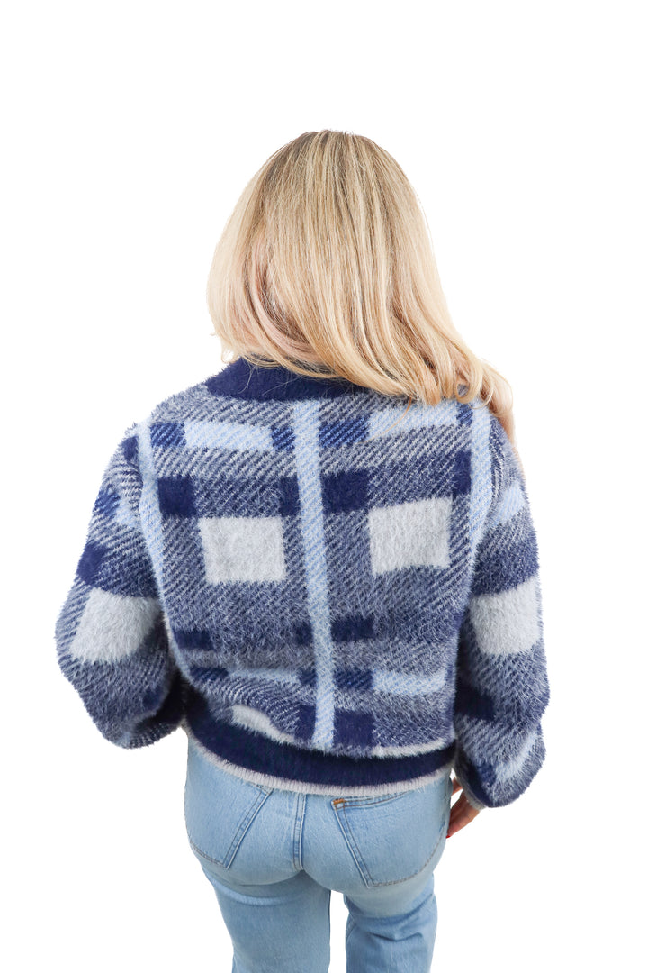 vici navy fuzzy cardigan (m; retail $78)