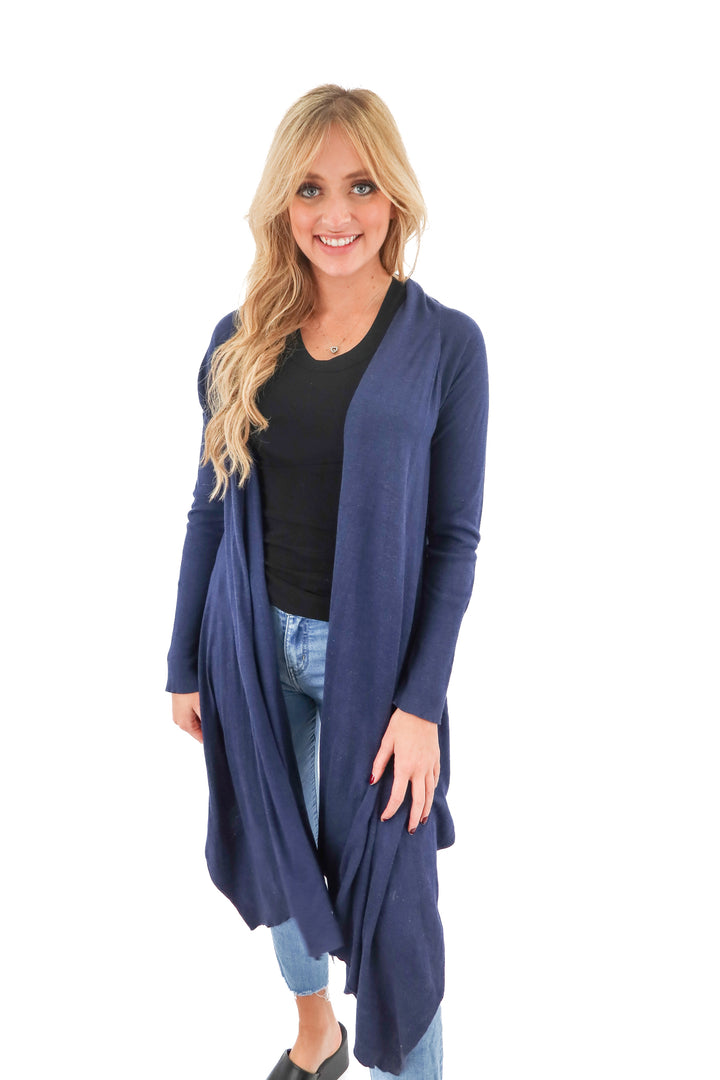 dolce cabo navy open front knit assymetrical cardigan (S)