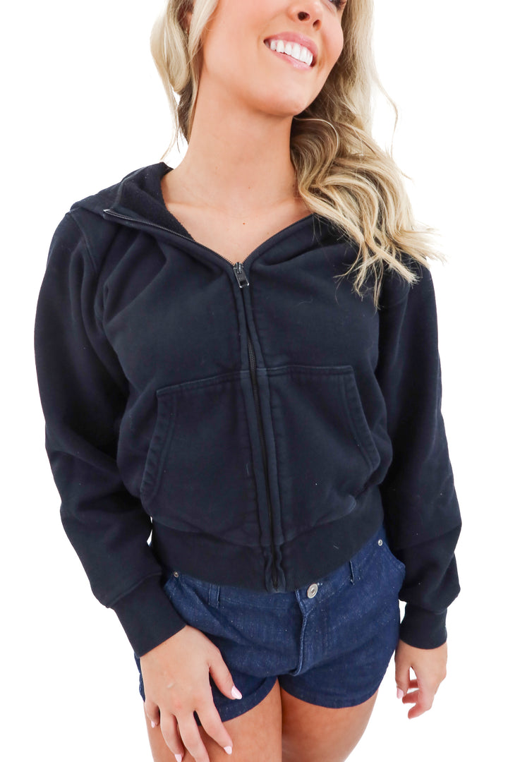 tna black sweatfleece cozy fleece zip hoodie jacket (xs; retail $88))
