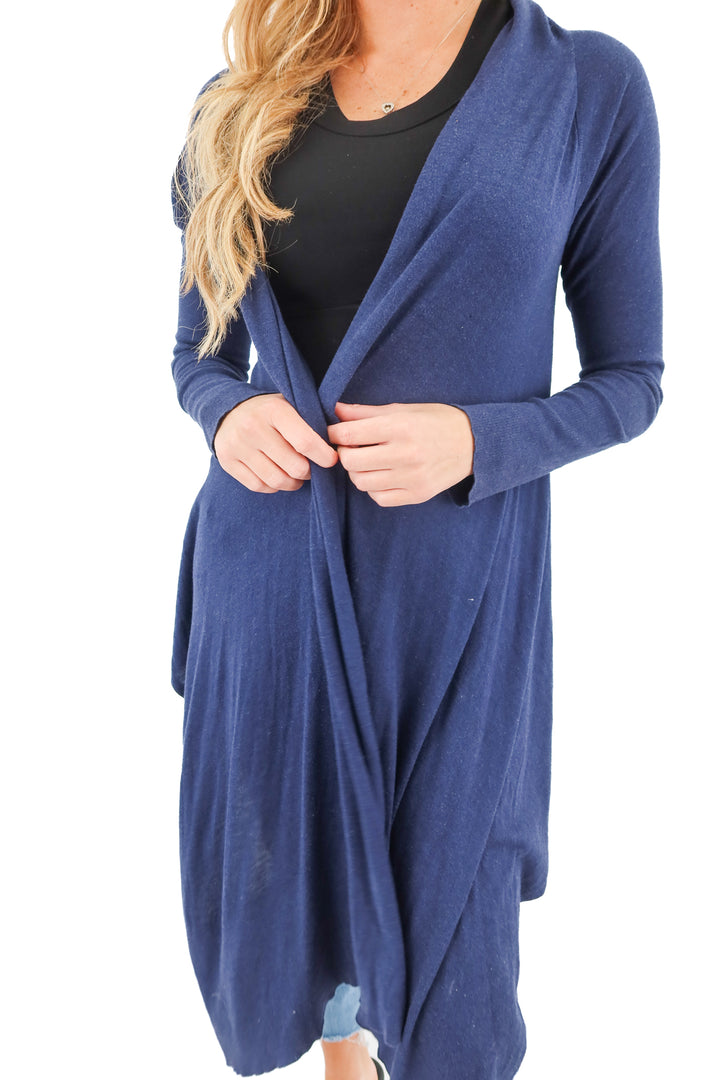 dolce cabo navy open front knit assymetrical cardigan (S)