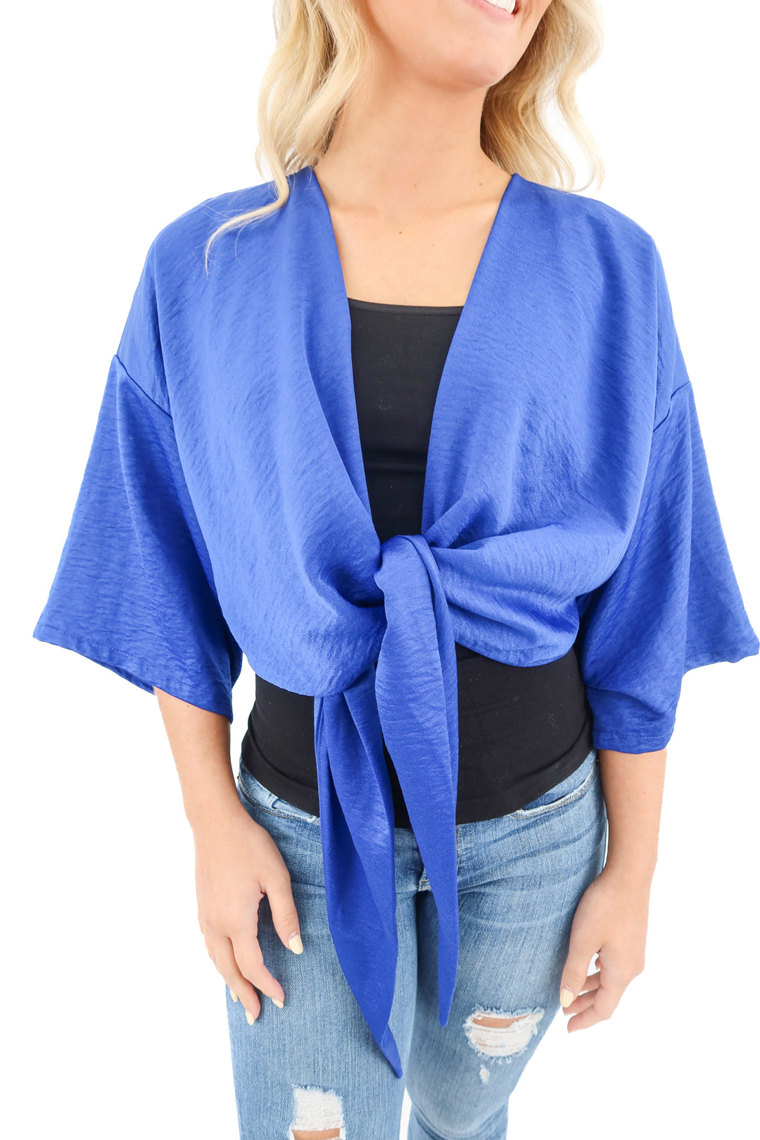 vici royal blue front tie short sleeve top (S)