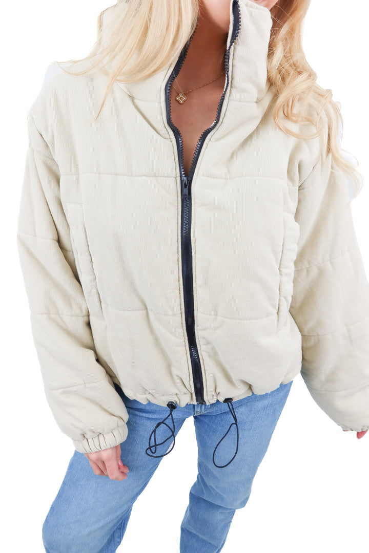 oh polly beige quilted corduroy puffer jacket (6; retail $202)
