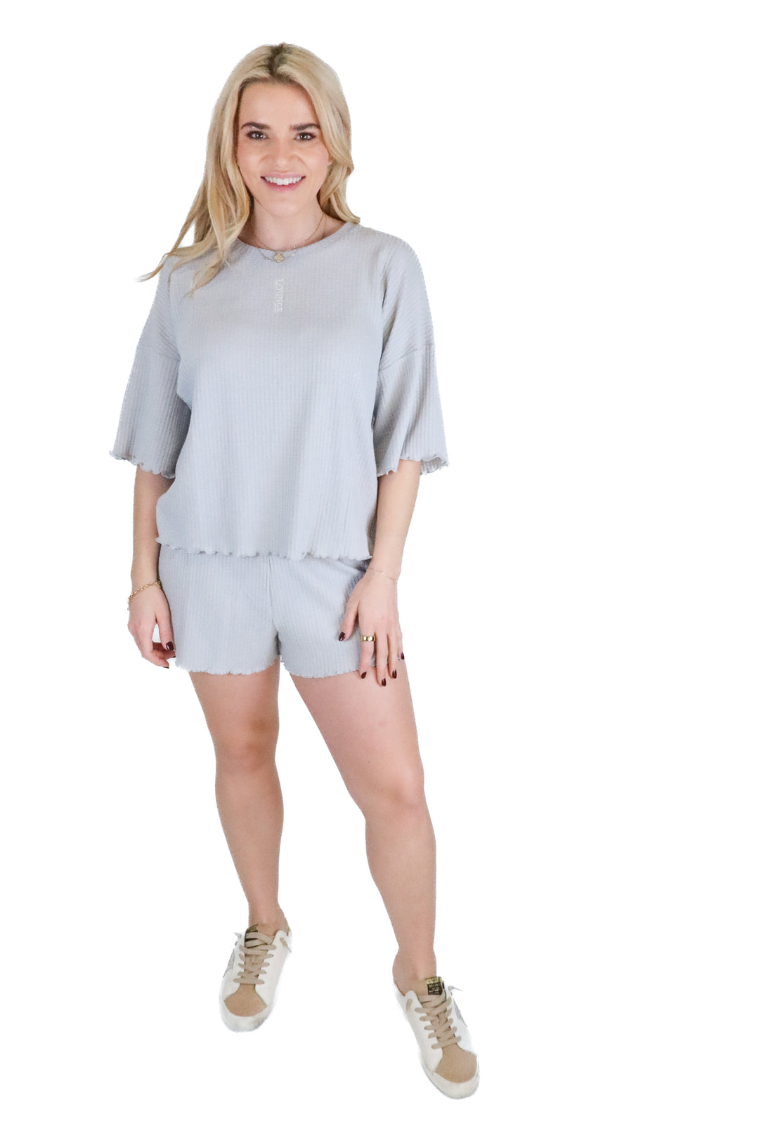 Lounge grey waffle knit shorts set (S)