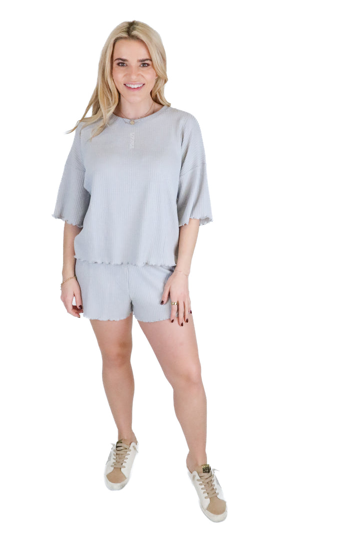 Lounge grey waffle knit shorts set (S)