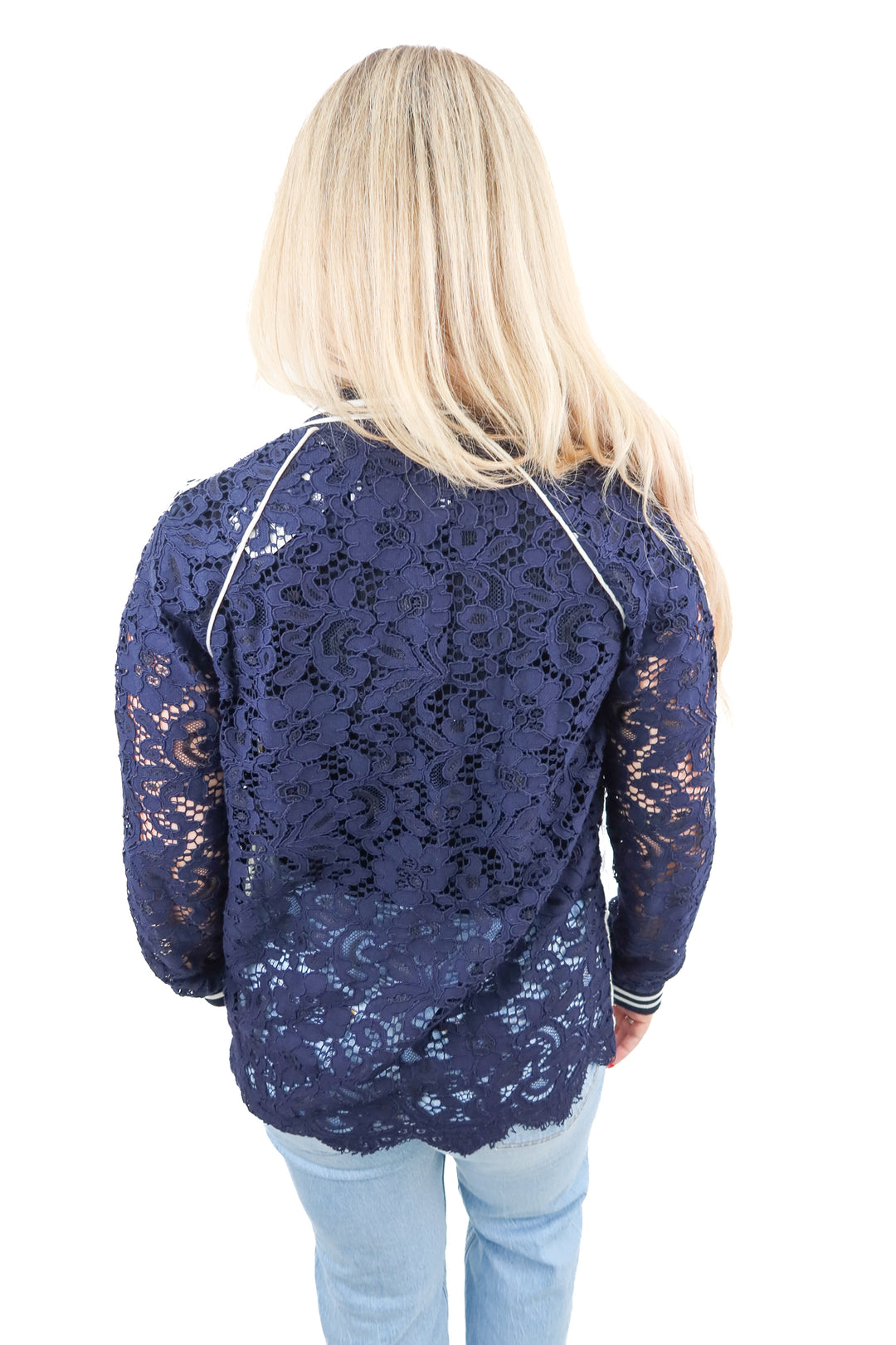 goen.j navy/white lace bomber jacket (m; retail $700)