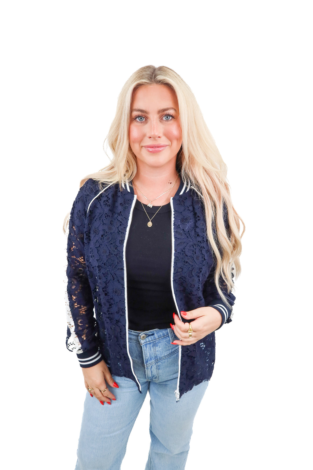 goen.j navy/white lace bomber jacket (m; retail $700)