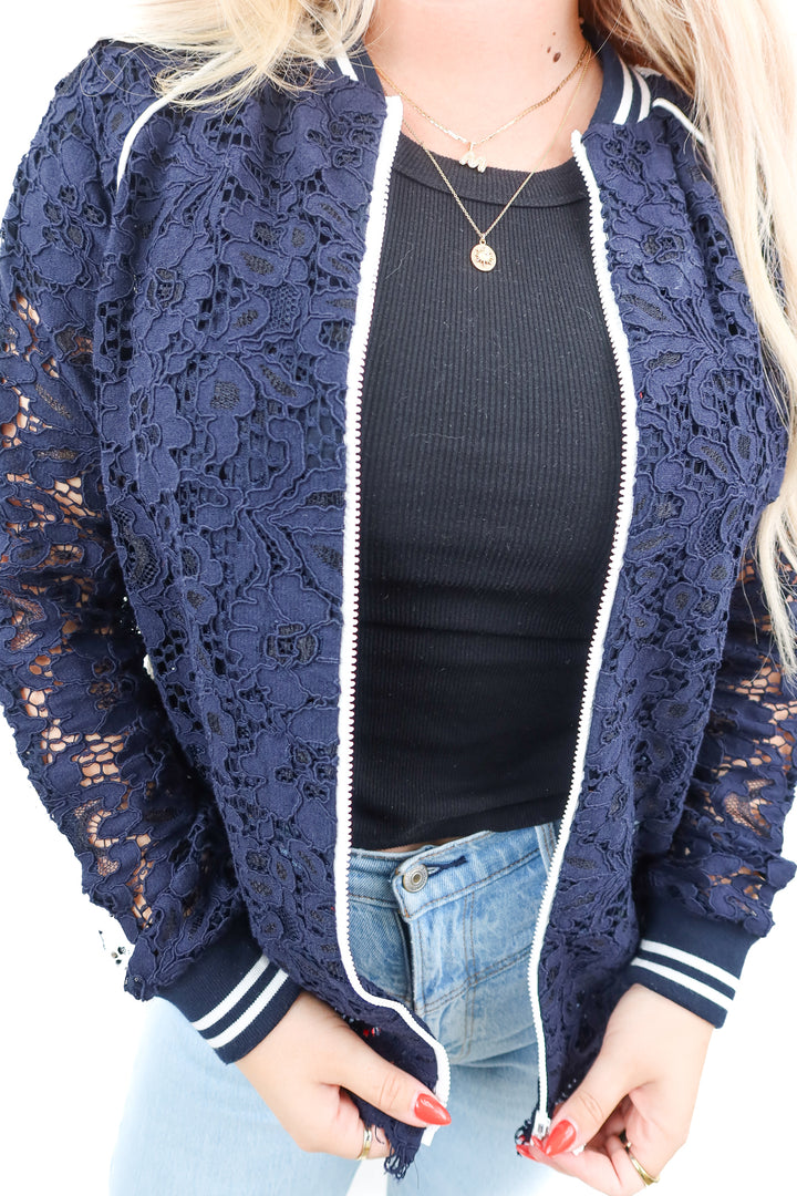 goen.j navy/white lace bomber jacket (m; retail $700)