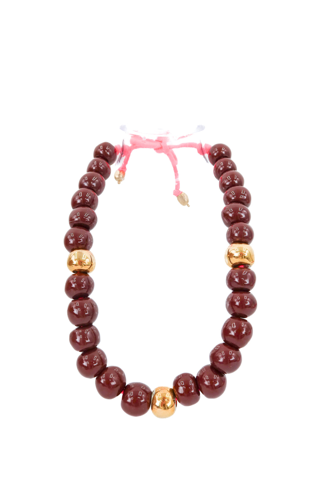 chunky brown beaded necklace with pink strings