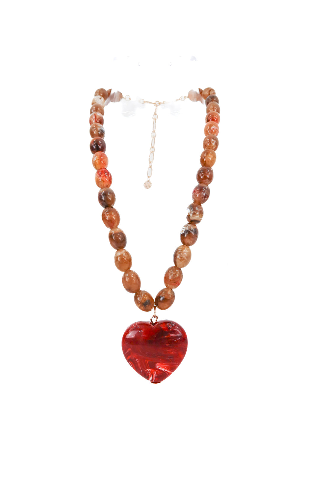 brown beaded necklace with red heart