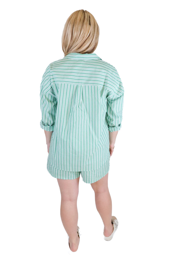 Lounge Green Striped Three Piece Pajama Set (S)