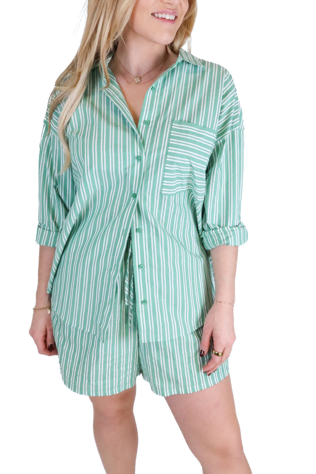Lounge Green Striped Three Piece Pajama Set (S)