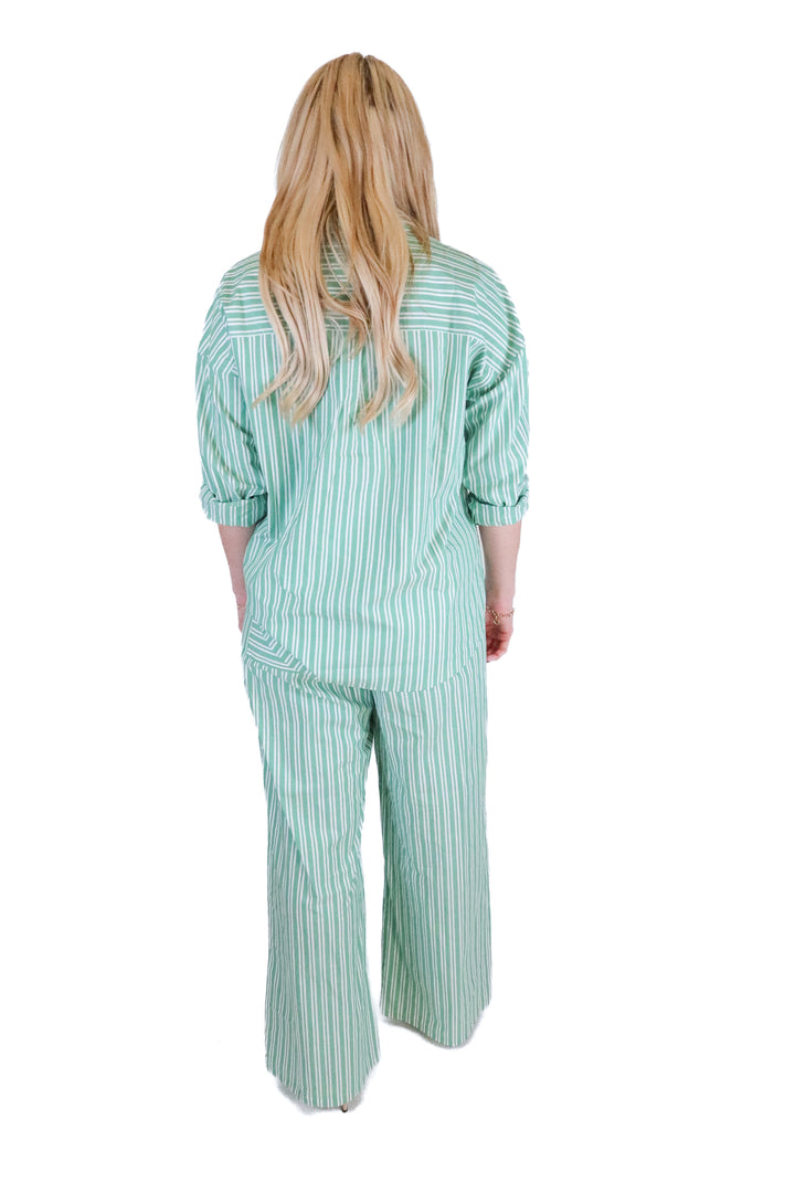 Lounge Green Striped Three Piece Pajama Set (S)