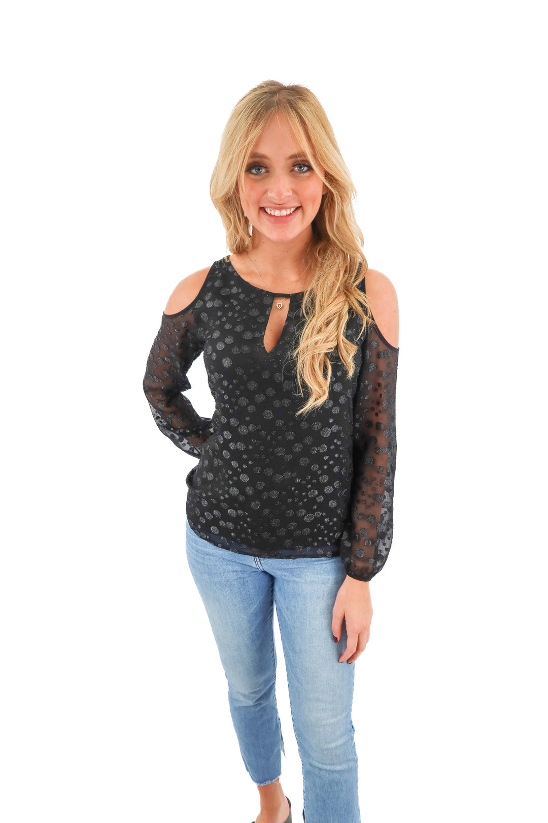 cooper & ella black cold shoulder sheer cut out top (S)