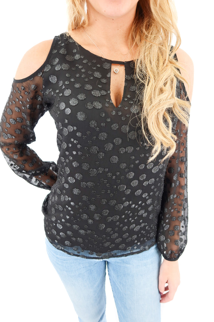cooper & ella black cold shoulder sheer cut out top (S)