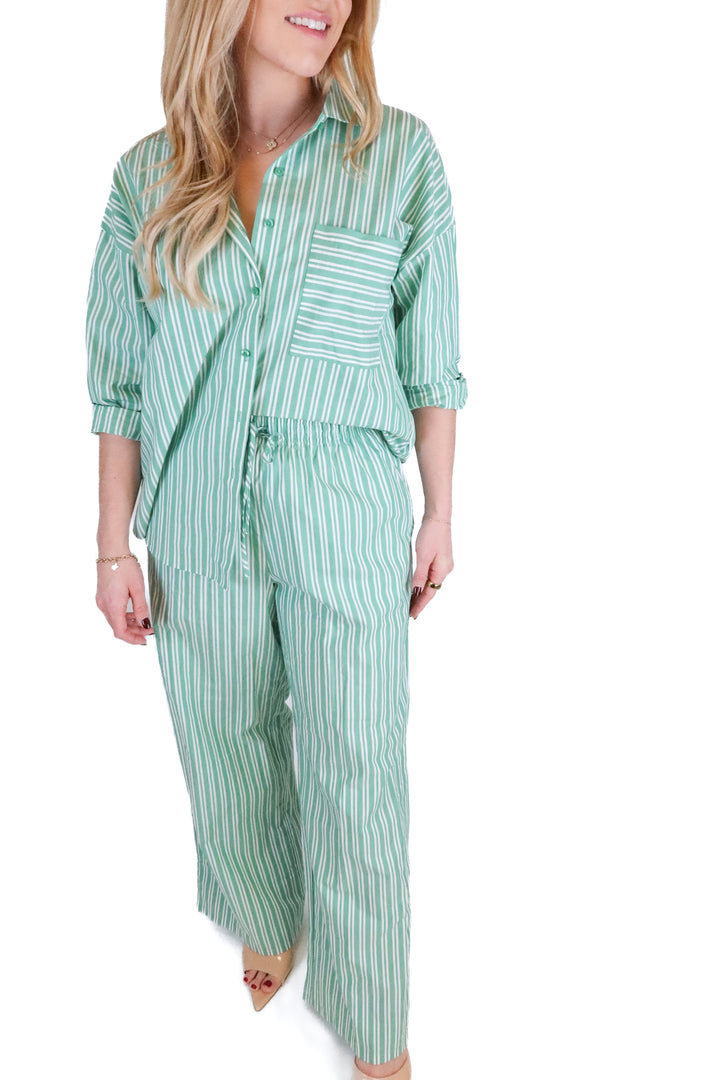 Lounge Green Striped Three Piece Pajama Set (S)