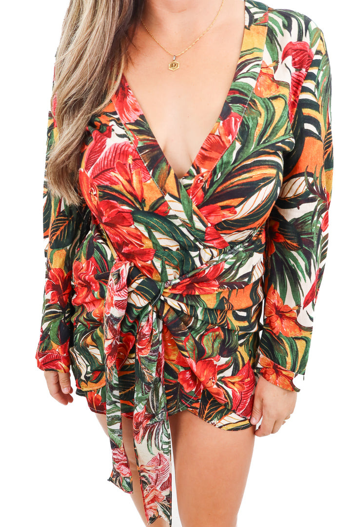 vici tropical wrap long sleeve dress (m; retail $64)
