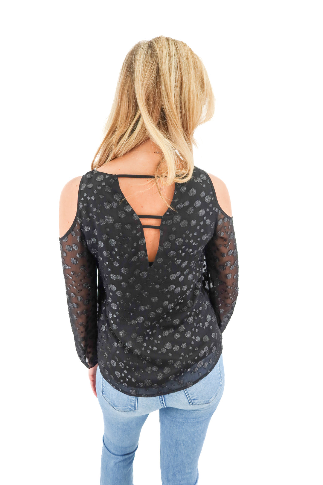 cooper & ella black cold shoulder sheer cut out top (S)