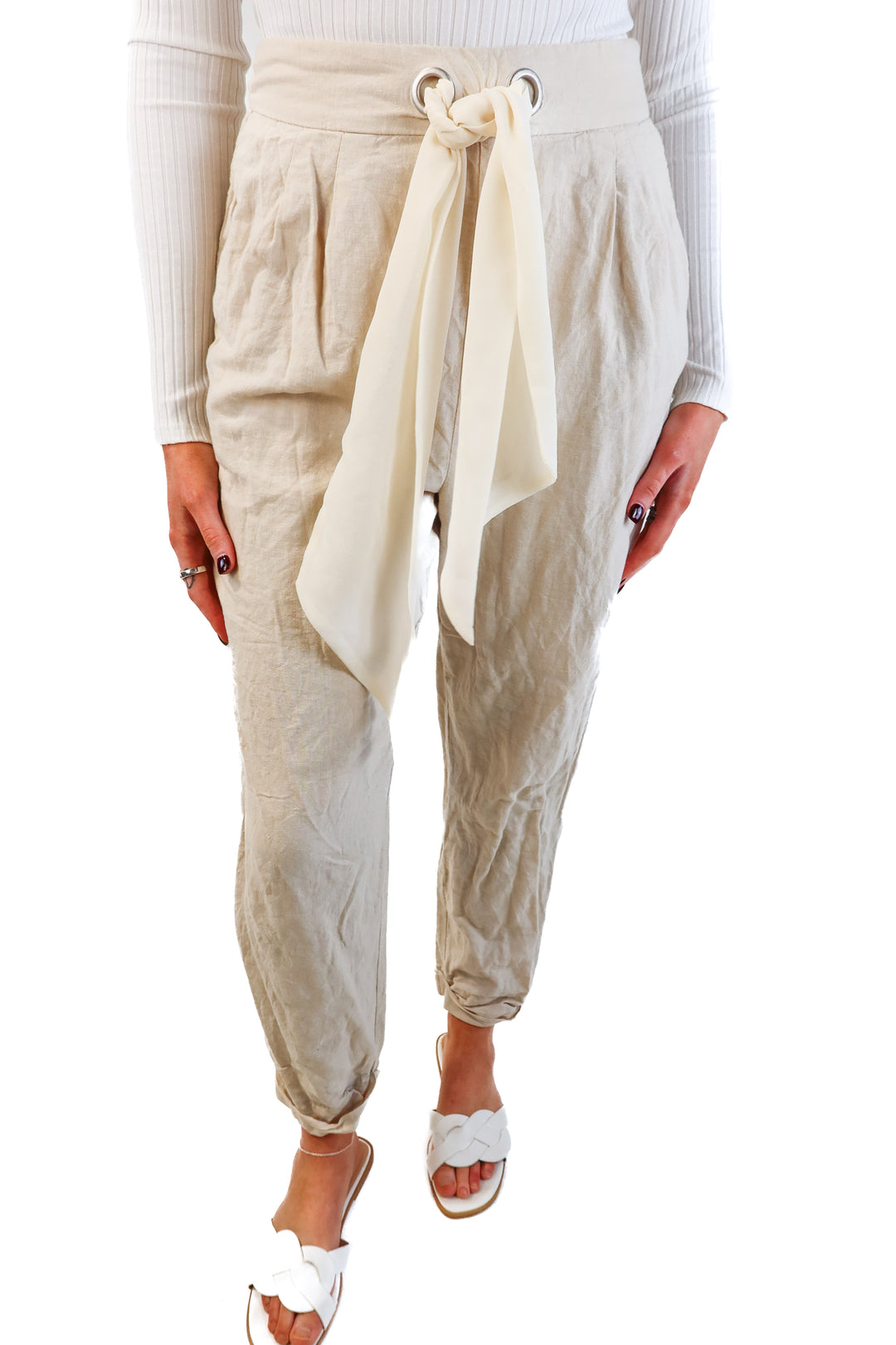 L’Academie beige linen trousers (s; retails for $218)