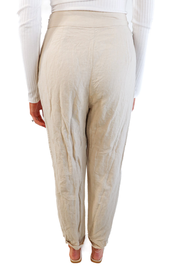 L’Academie beige linen trousers (s; retails for $218)