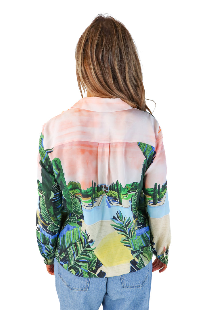 alice + olivia tropical sheer silk button up (L; retail $395)