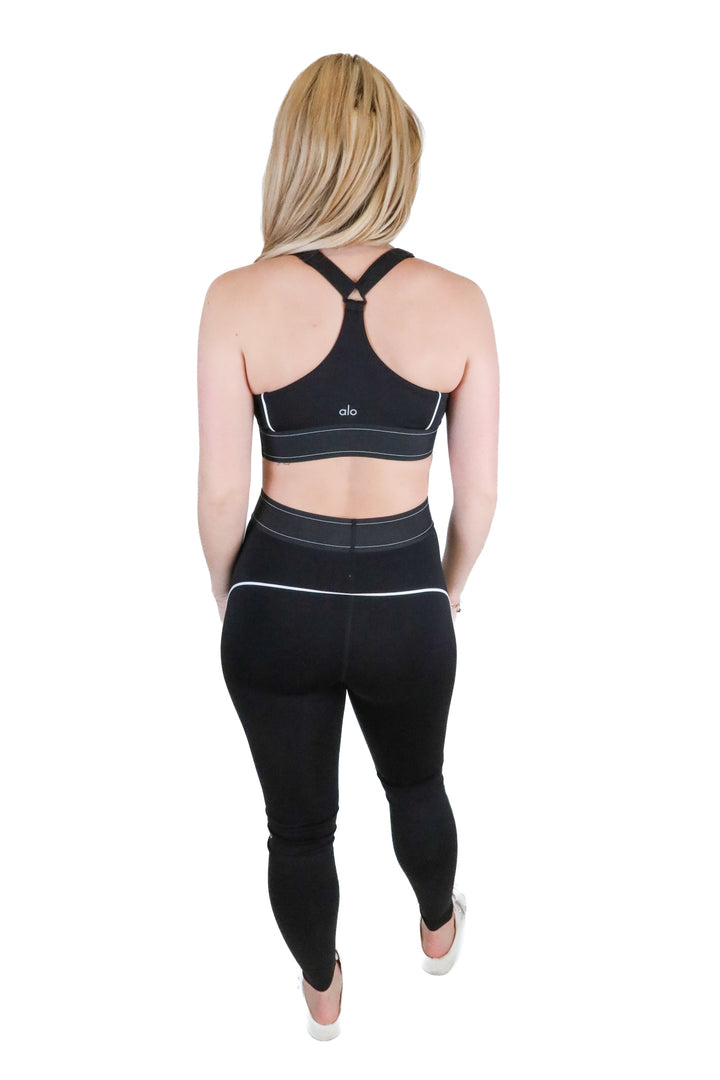 Alo Black/White Trim Logo Banded Sports Bra & Legging Set (M; retail $196)