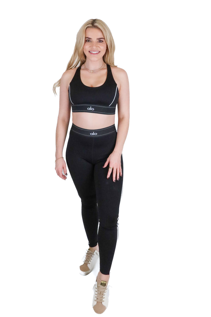 Alo Black/White Trim Logo Banded Sports Bra & Legging Set (M; retail $196)