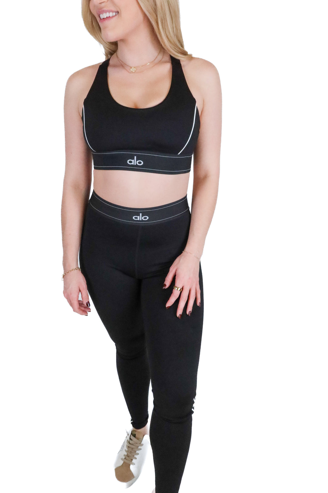 Alo Black/White Trim Logo Banded Sports Bra & Legging Set (M; retail $196)