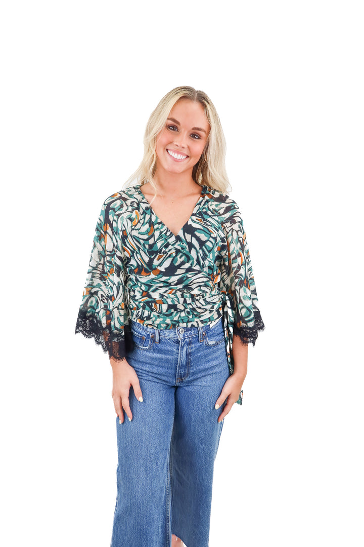 anthropologie printed/black lace top NWT (s; retail $110)