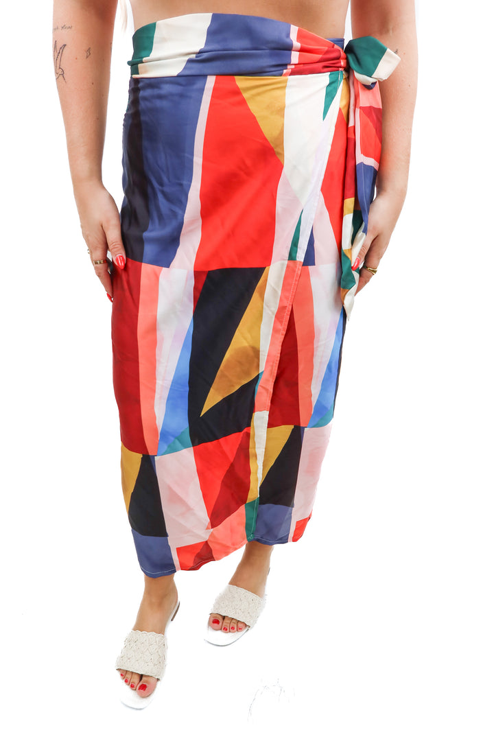 vici abstract satin wrap skirt (m; retail $64)