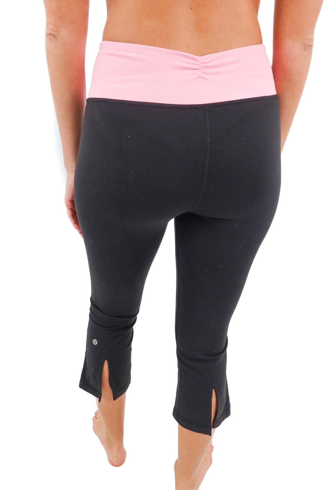 lululemon black cropped leggings with pink waistband (6)