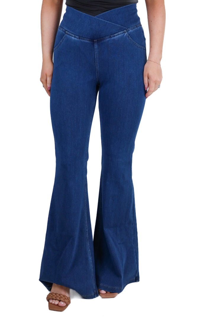 halara medium wash cross over super flare "jeans" NWT (S; retail $54.95)