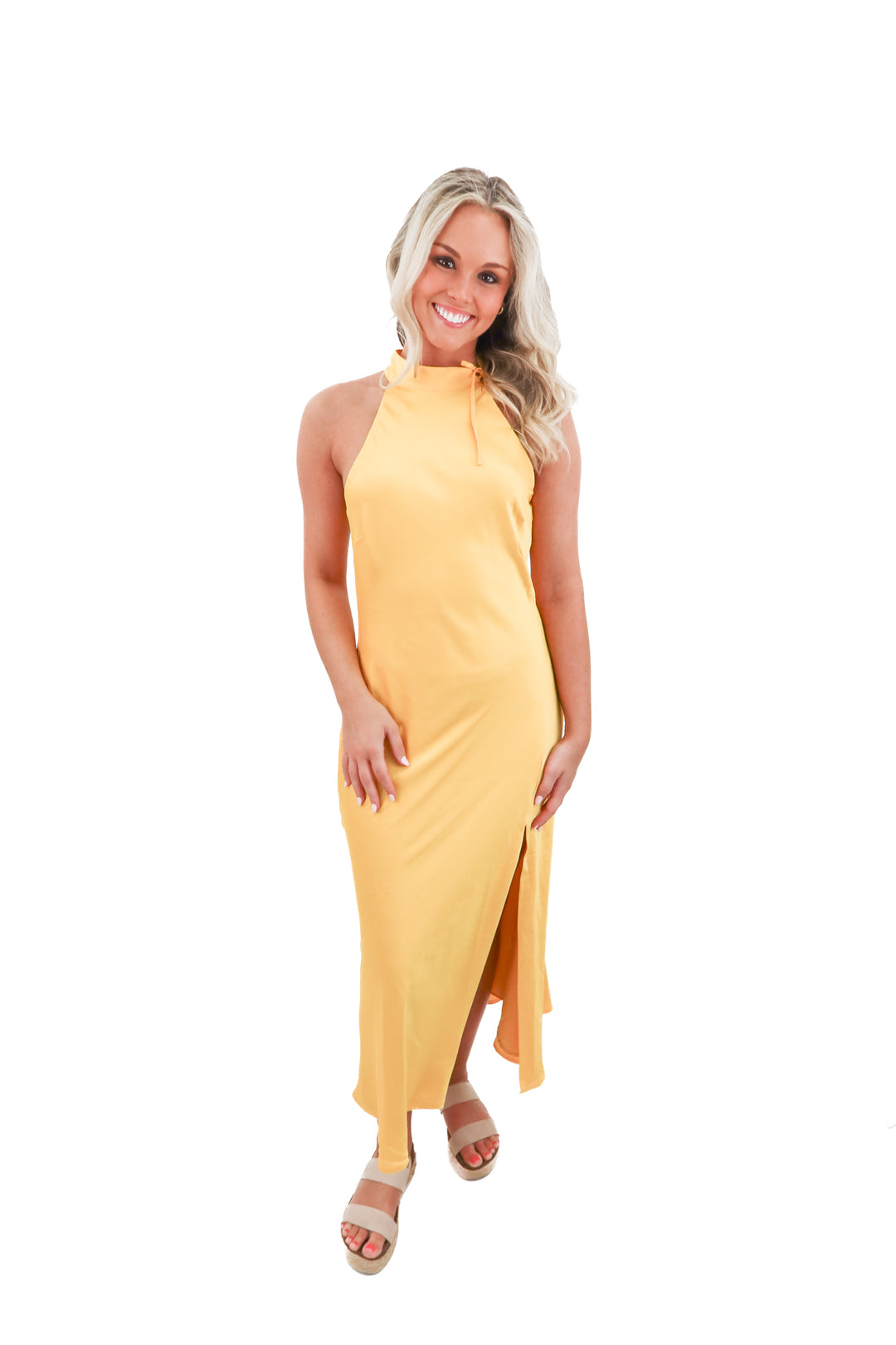 hutch yellow halter satin maxi dress nwt (s)
