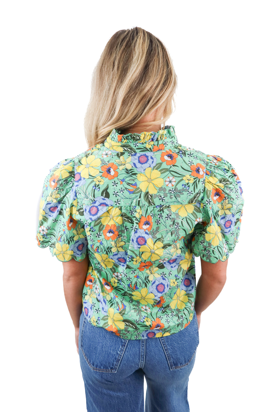 Avara green floral short sleeve blouse (XS)