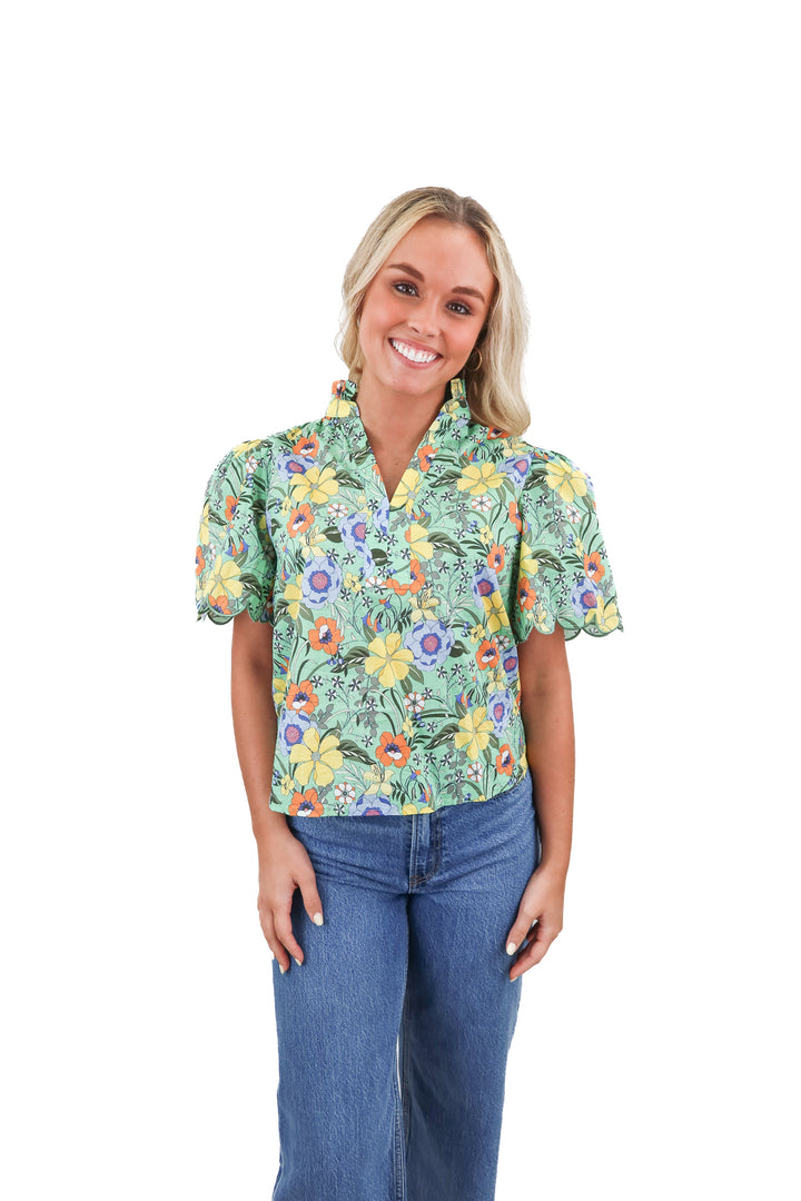 Avara green floral short sleeve blouse (XS)