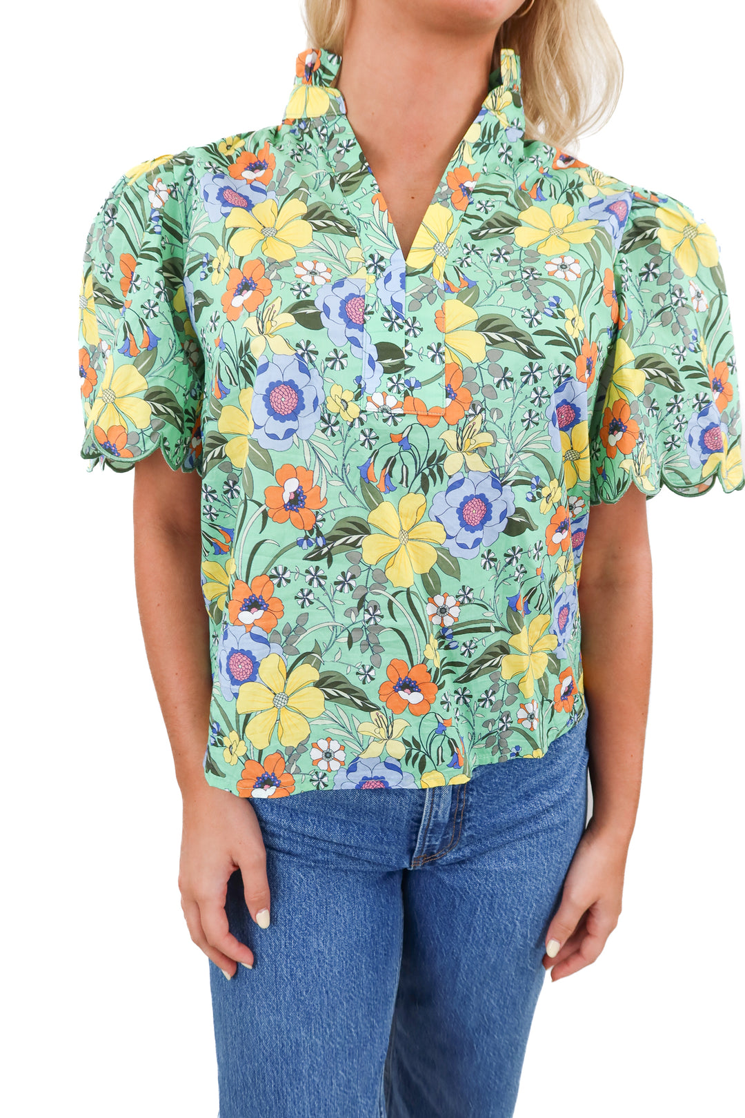 Avara green floral short sleeve blouse (XS)