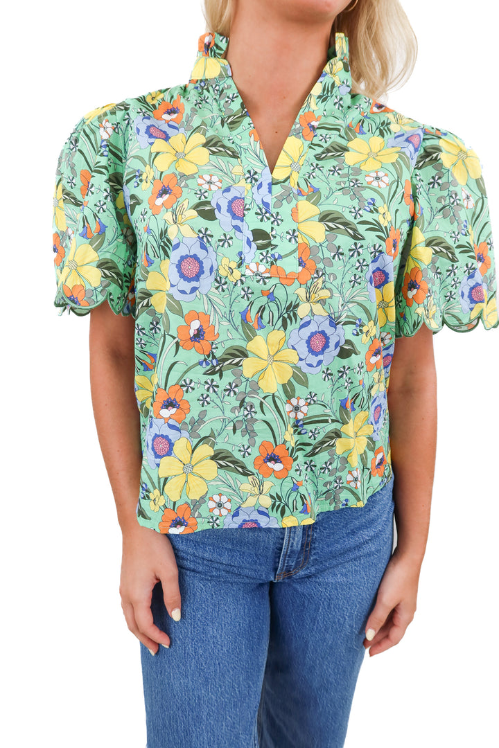 Avara green floral short sleeve blouse (XS)