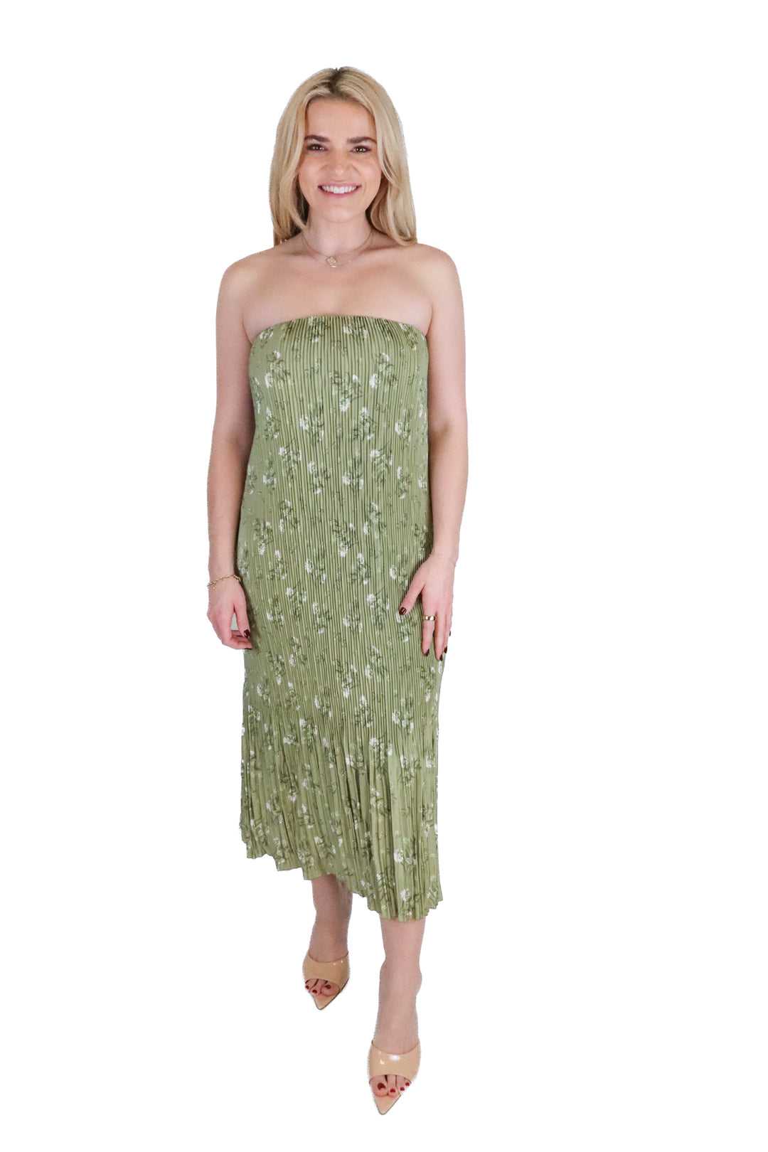 Petal + Pup Green Floral Satin Pleat Strapless Midi Dress NWT (XS; retail $96)