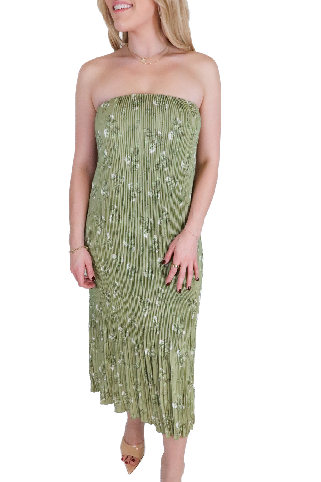 Petal + Pup Green Floral Satin Pleat Strapless Midi Dress NWT (XS; retail $96)