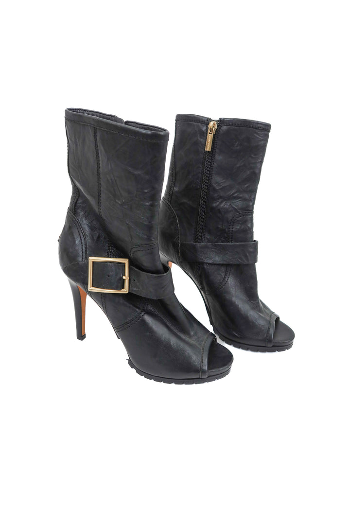 jimmy choo black leather buckle booties (37.5)