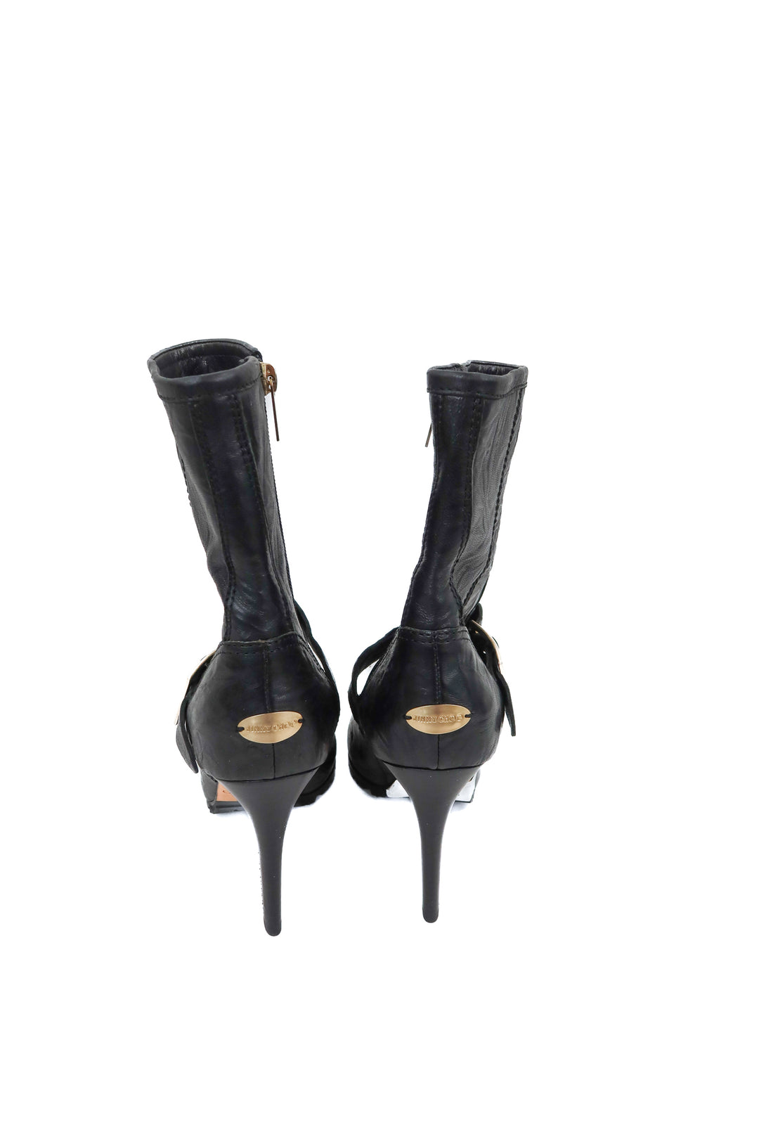 jimmy choo black leather buckle booties (37.5)