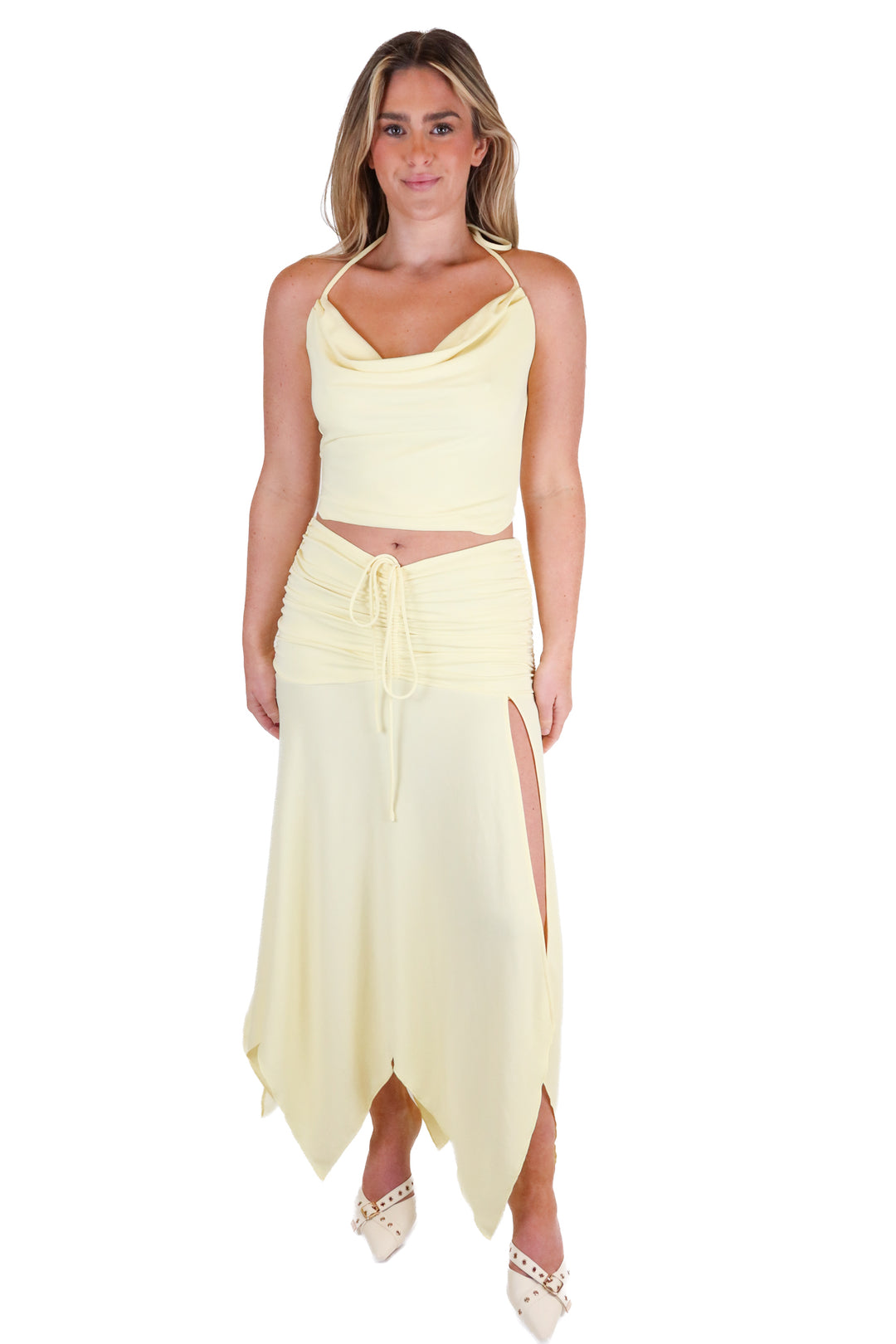 Lovers and Friends Butter Yellow Cowl Neck Top & Skirt Set NWT (M)