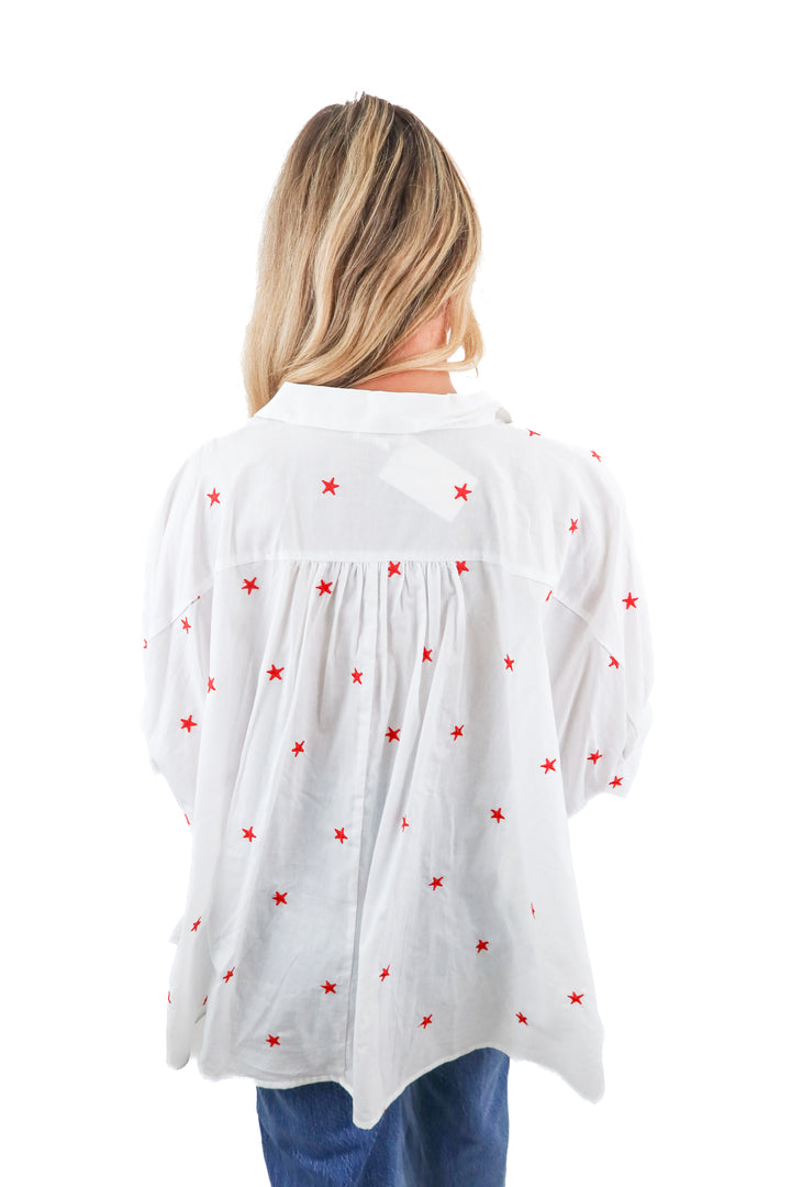 day + moon white top with red embroidered stars (S)