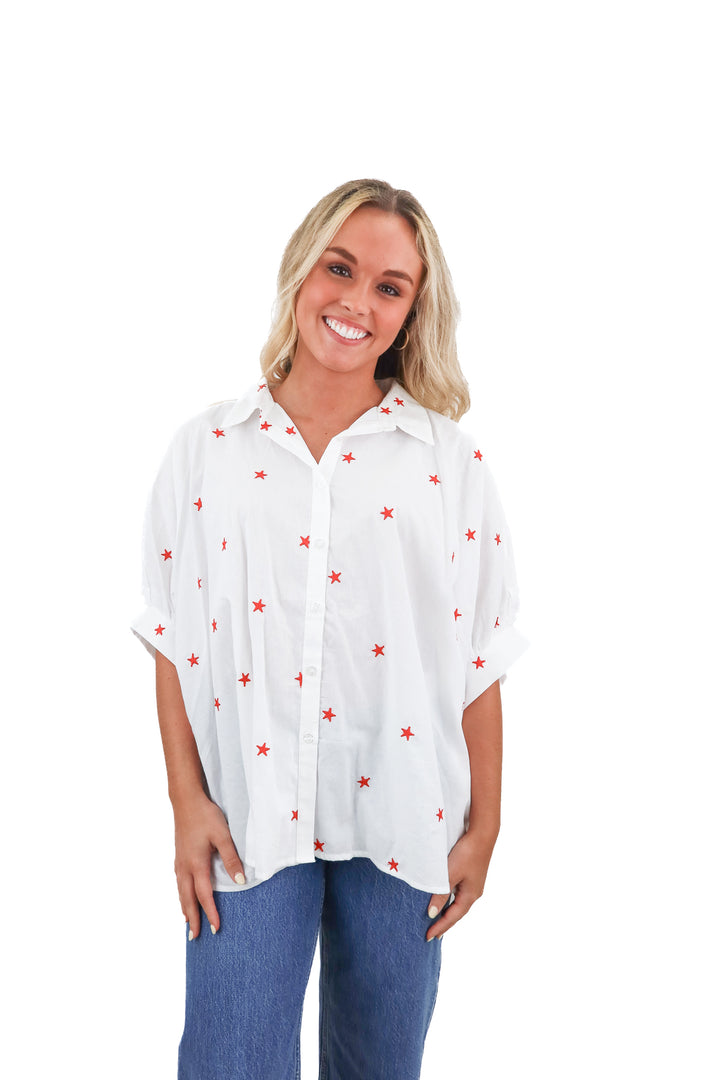 day + moon white top with red embroidered stars (S)
