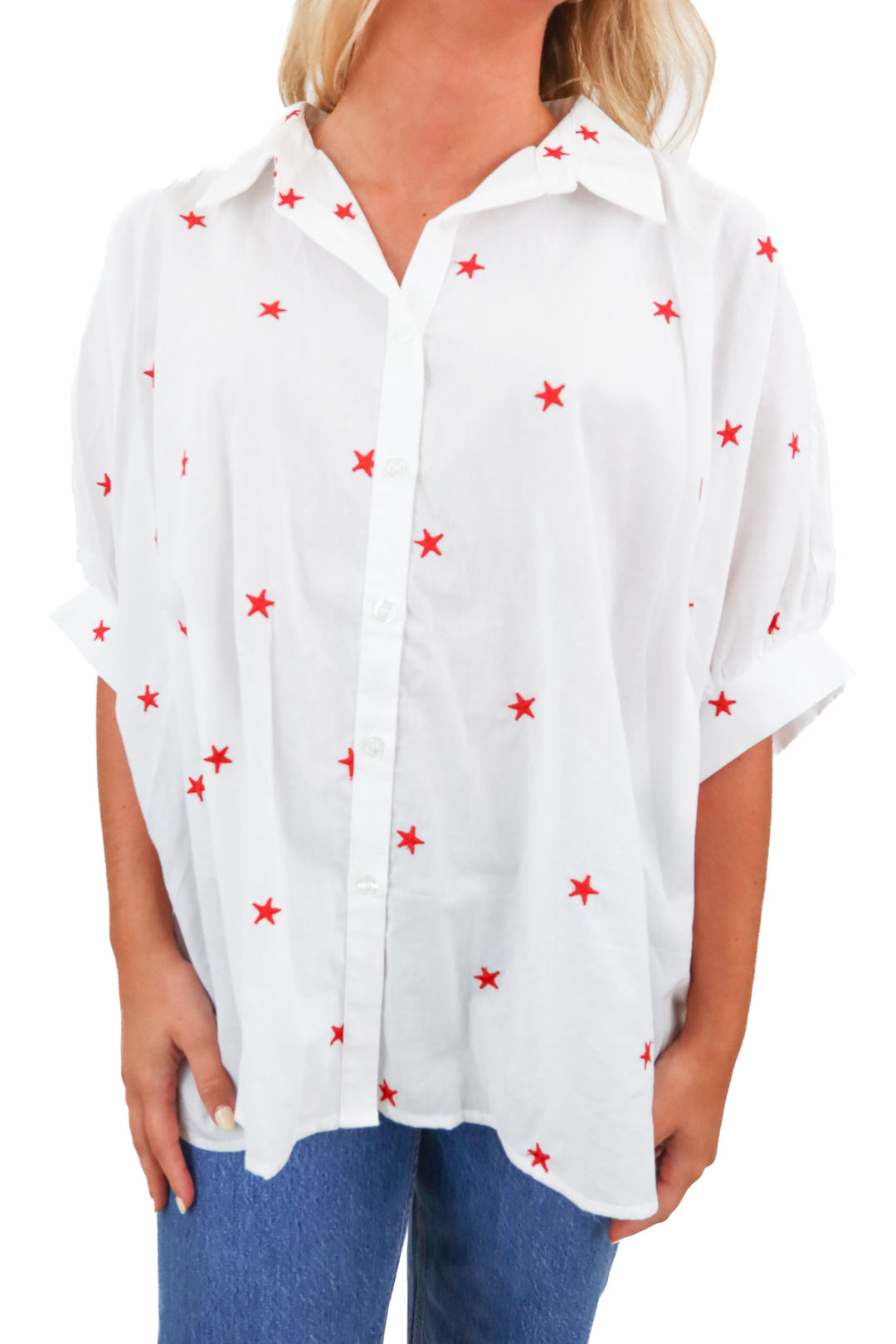 day + moon white top with red embroidered stars (S)