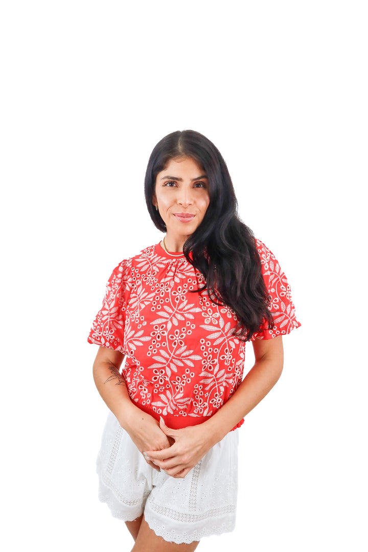 Voy red eyelet top NWT (S; retail $58)