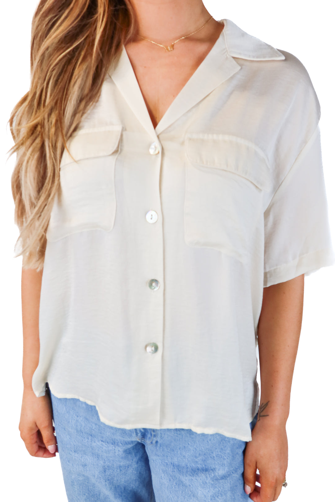 SOLD: by together beige satin button up (L)