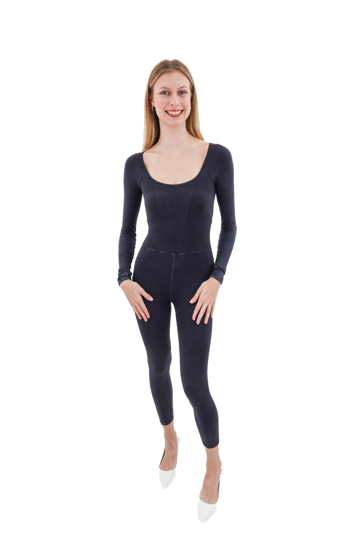 free people movement charcoal long sleeve jumpsuit (xs)
