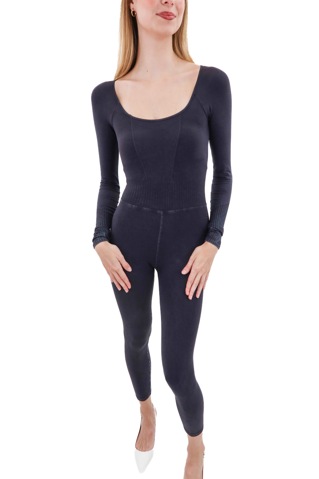 free people movement charcoal long sleeve jumpsuit (xs)