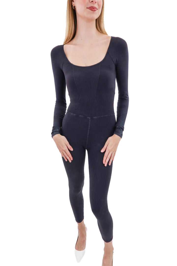 free people movement charcoal long sleeve jumpsuit (xs)