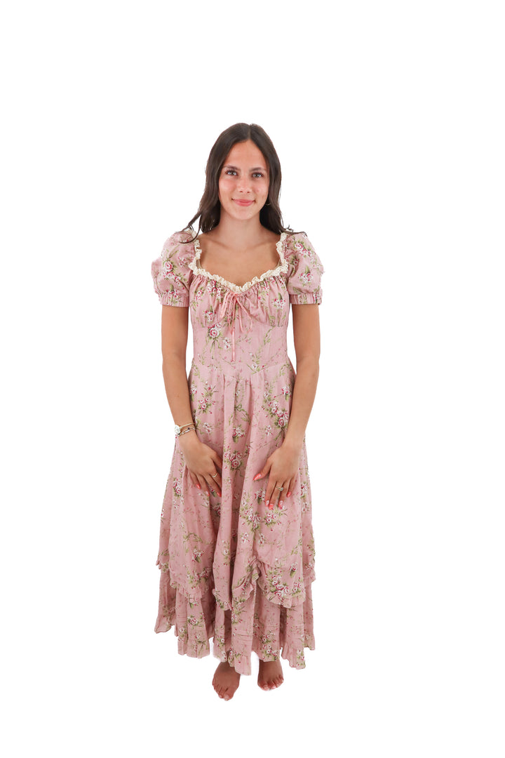 lacemade pink floral short sleeve maxi dress (m; retail $114)
